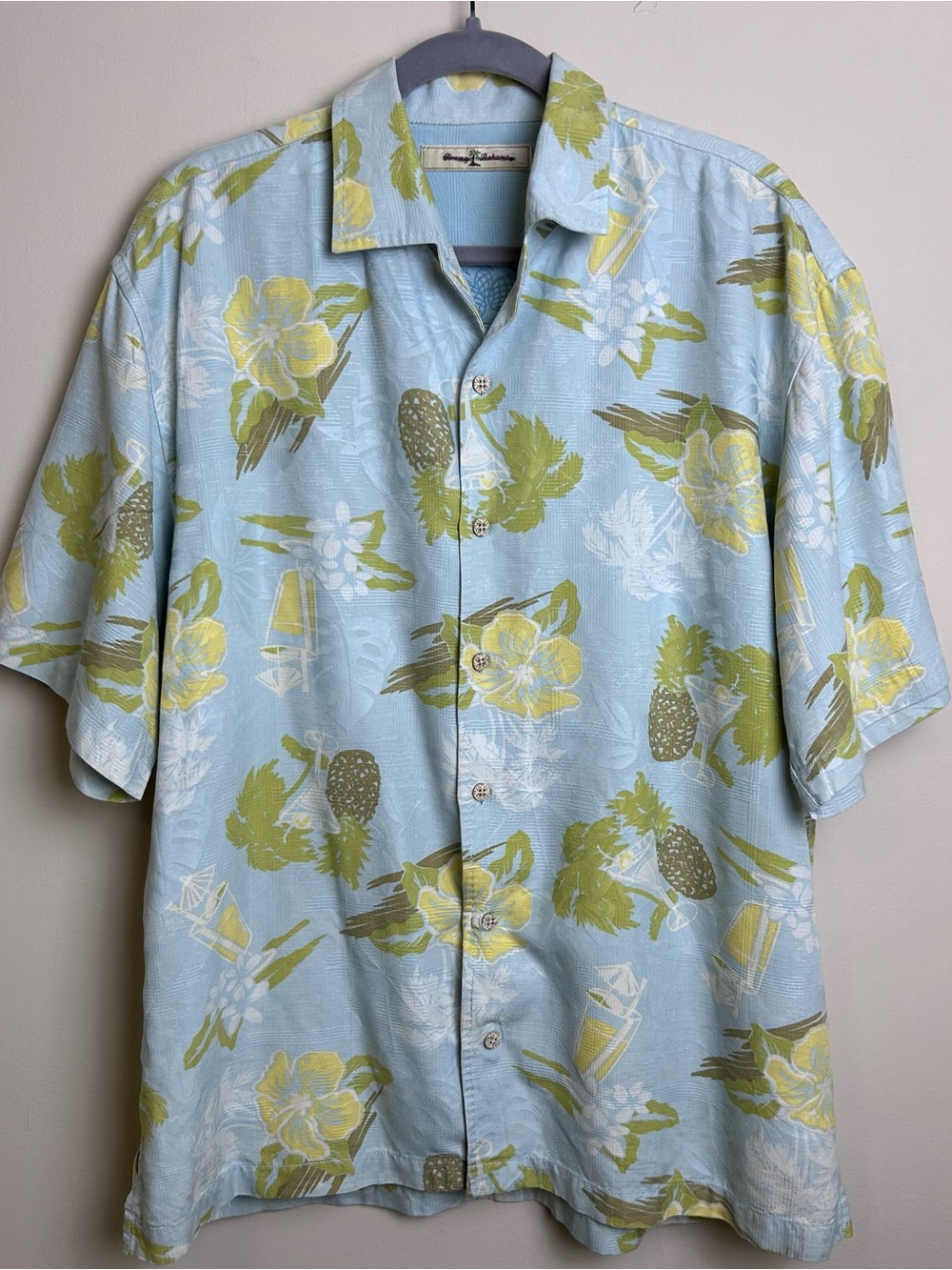 Tommy Bahama Men's L Blue/Green Floral Pineapple Cocktail Drinks Silk Camp Shirt